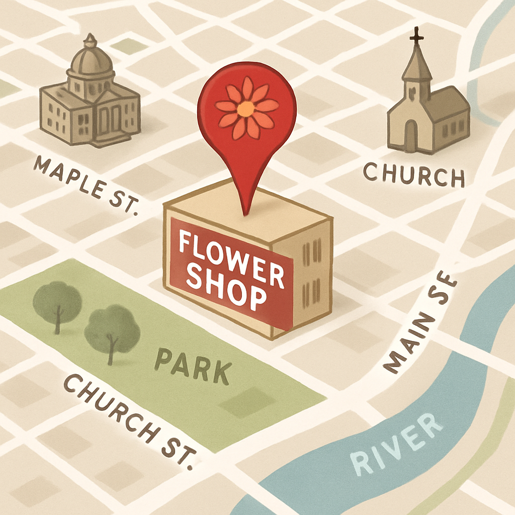 Map showing the location of the flower shop